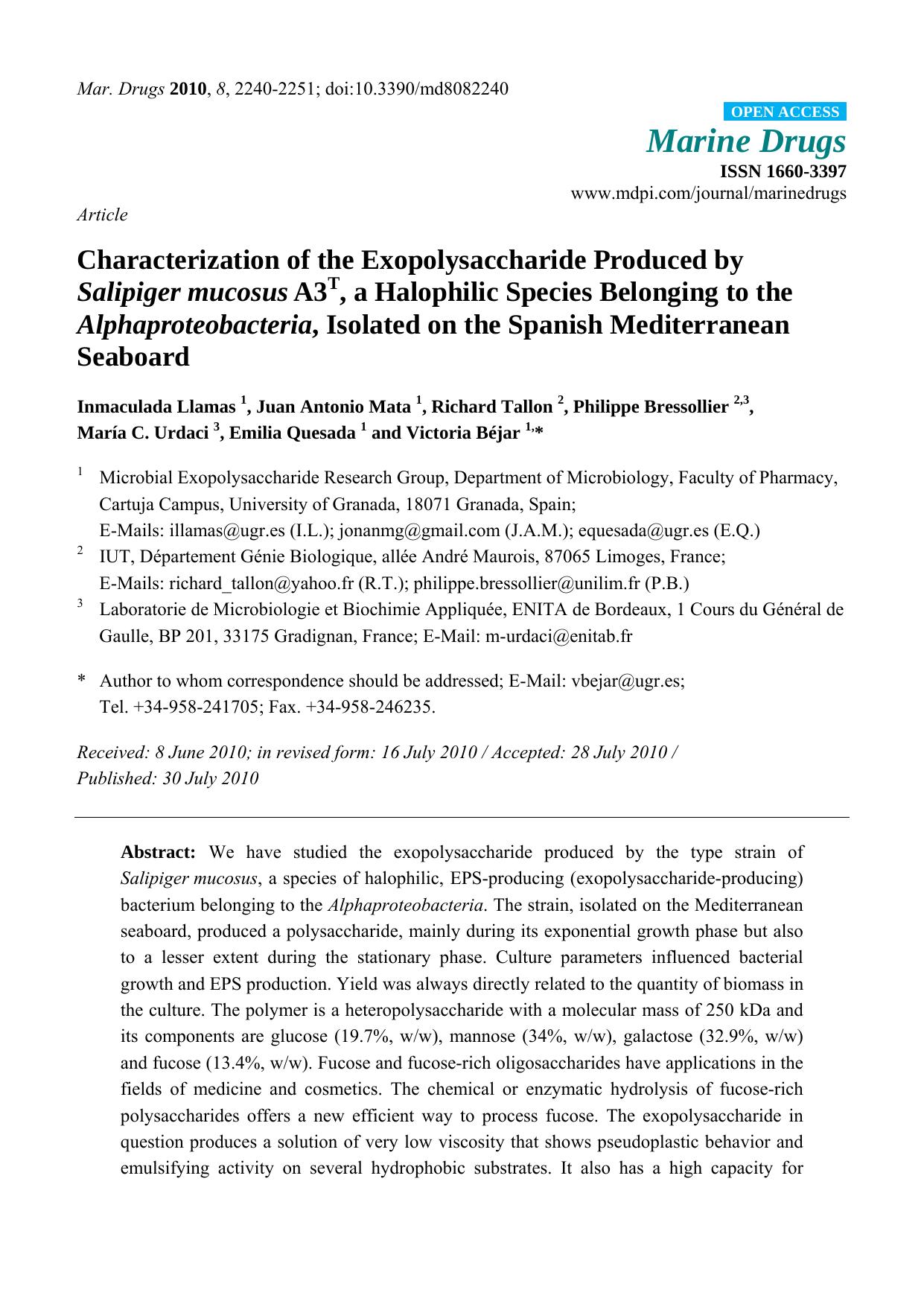 Characterization of the Exopolysaccharide Produced by Salipiger mucosus A3T, a Halophilic Species Belonging to the Alphaproteobacteria, Isolated on the Spanish Mediterranean Seaboard by unknow