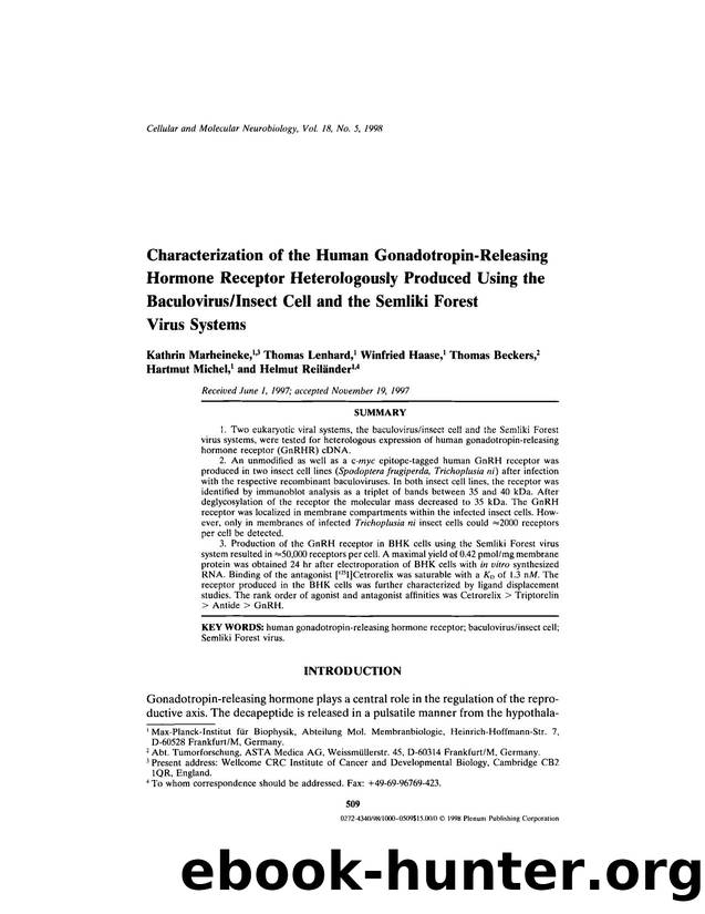 Characterization of the Human Gonadotropin-Releasing Hormone Receptor Heterologously Produced Using the BaculovirusInsect Cell and the Semliki Forest Virus Systems by Unknown