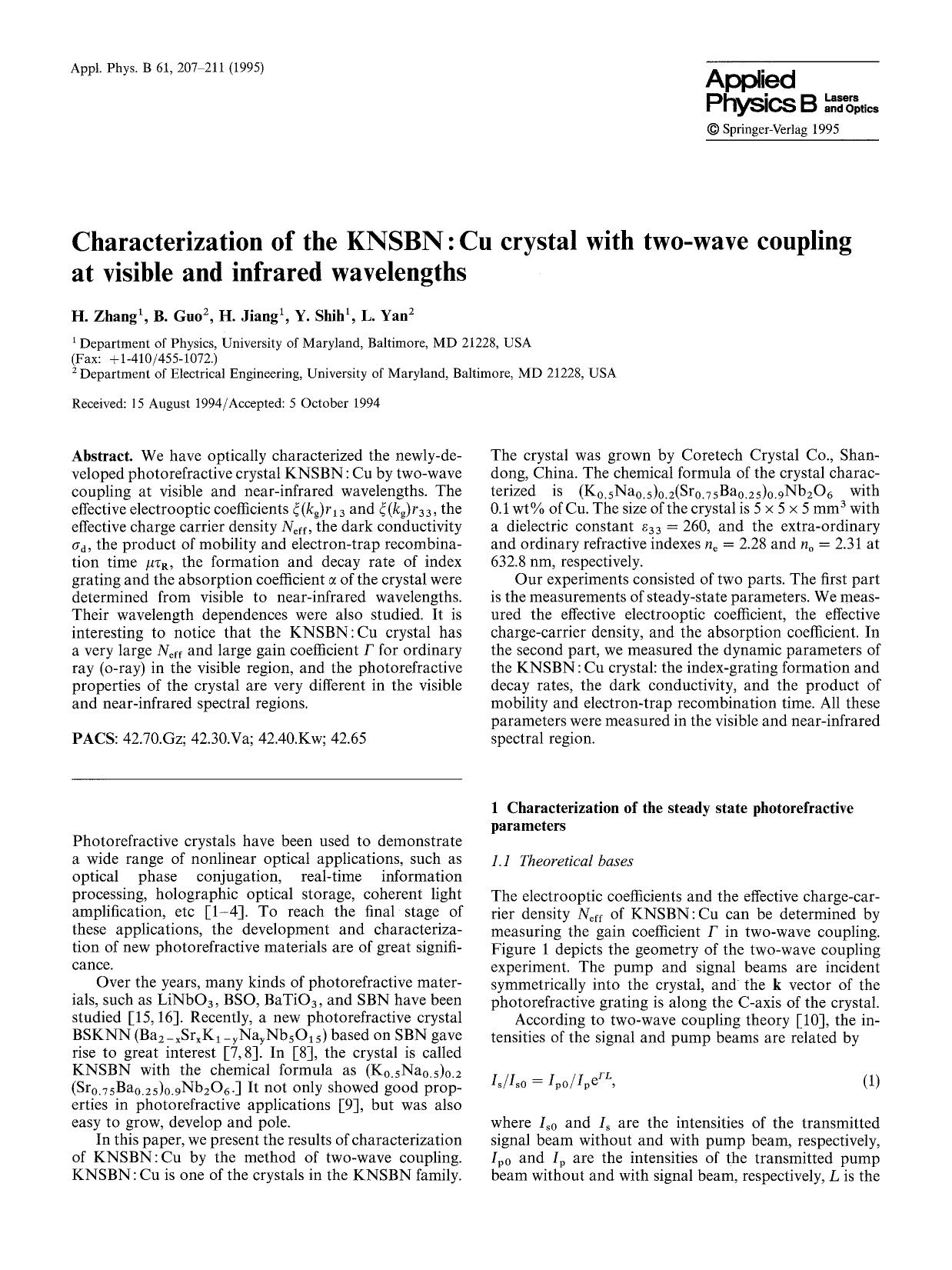 Characterization of the KNSBN: Cu crystal with two-wave coupling at visible and infrared wavelengths by Unknown