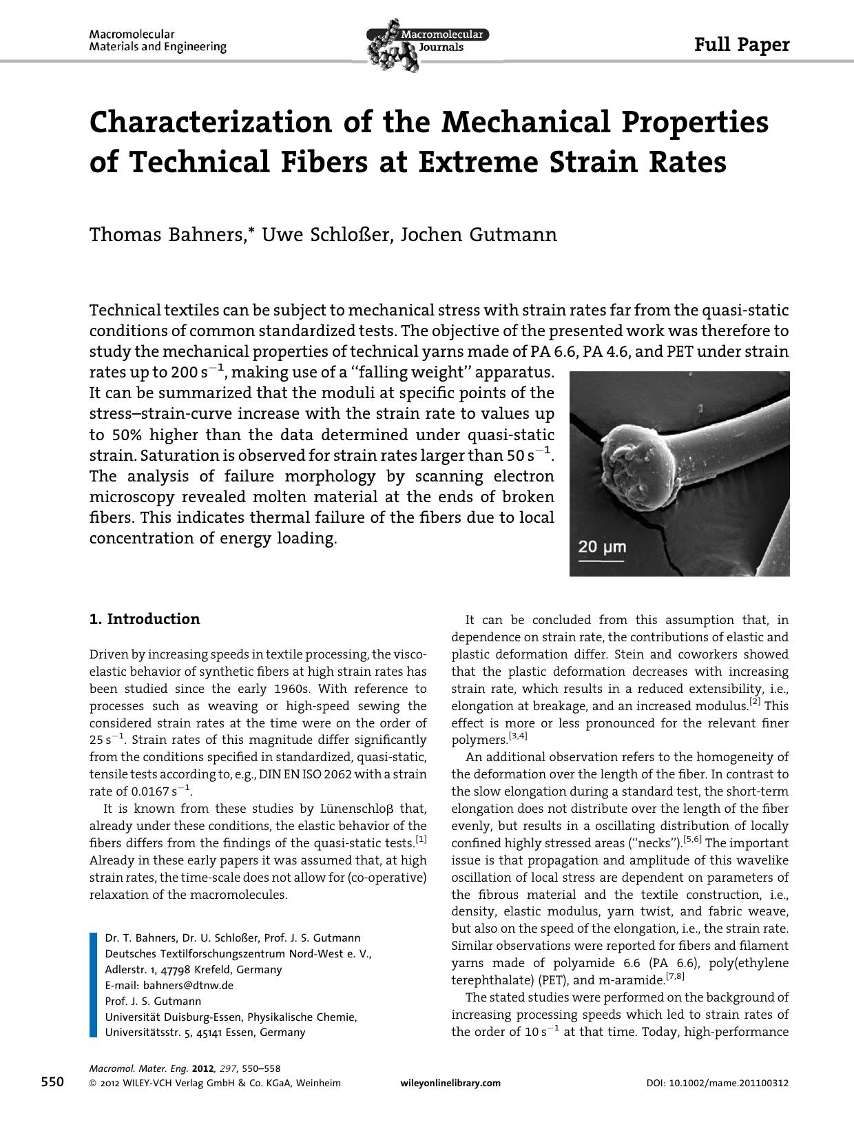 Characterization of the Mechanical Properties of Technical Fibers at Extreme Strain Rates by Unknown