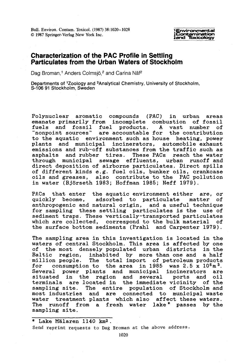 Characterization of the PAC profile in settling participates from the urban waters of Stockholm by Unknown