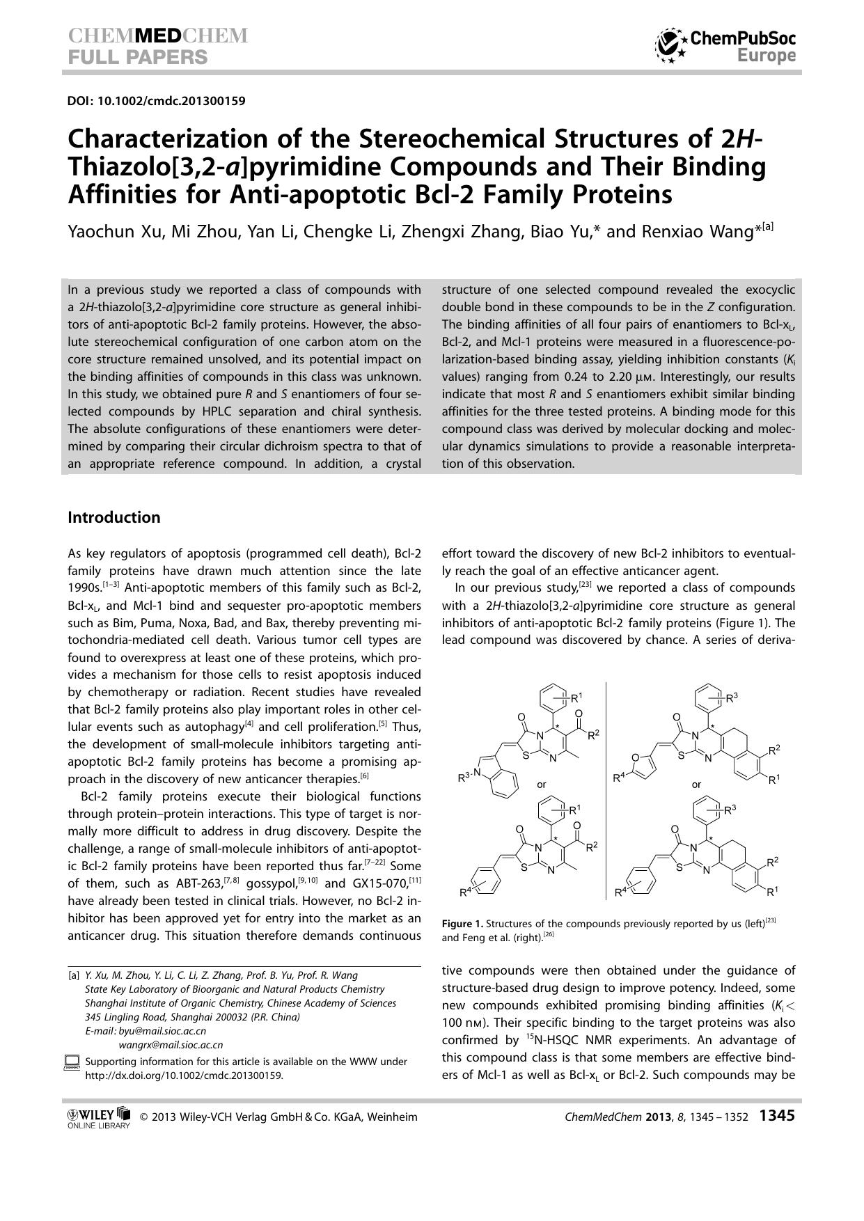 Characterization of the Stereochemical Structures of 2HThiazolo[3,2a]pyrimidine Compounds and Their Binding Affinities for Antiapoptotic Bcl2 Family Proteins by Unknown