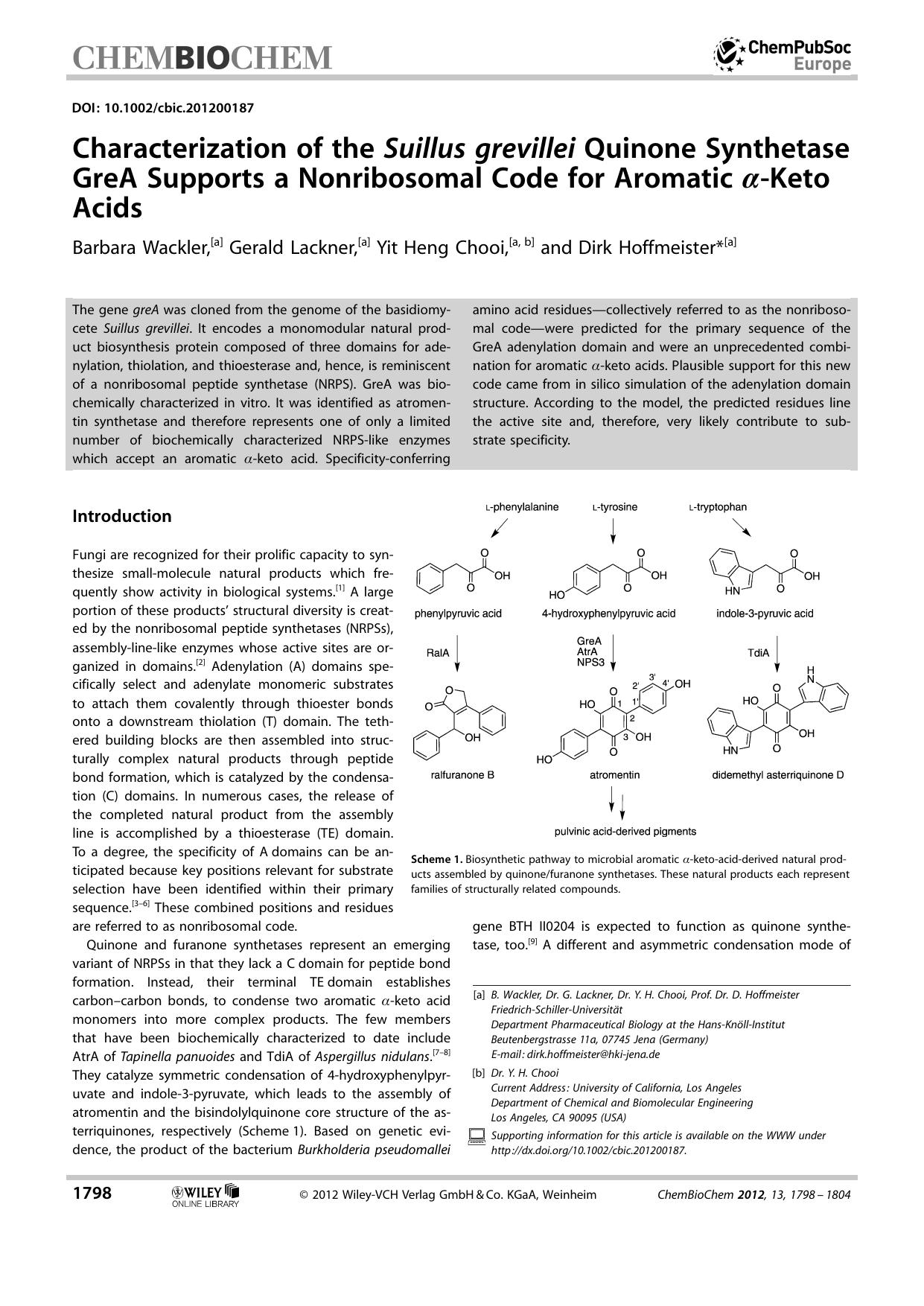 Characterization of the Suillus grevillei Quinone Synthetase GreA Supports a Nonribosomal Code for Aromatic Keto Acids by Unknown