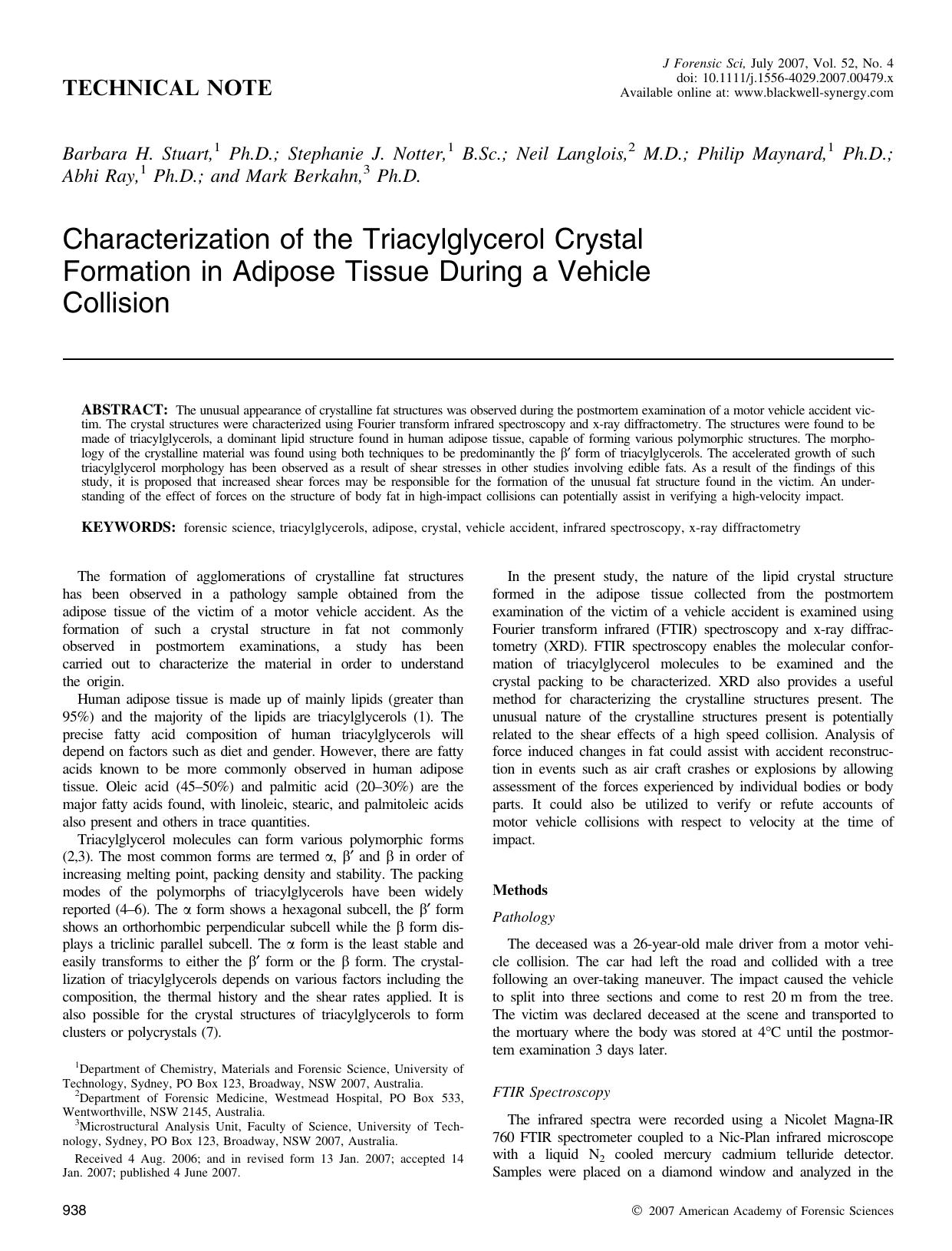 Characterization of the Triacylglycerol Crystal Formation in Adipose Tissue During a Vehicle Collision by Unknown