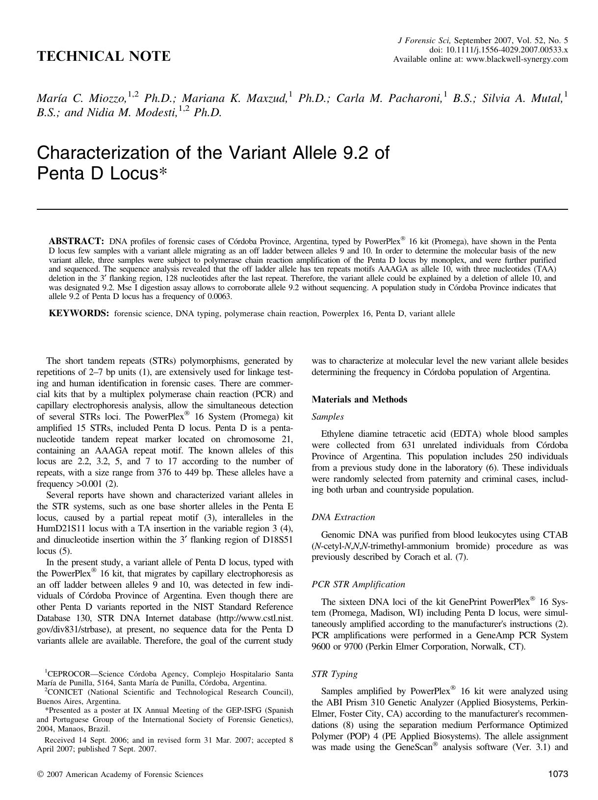 Characterization of the Variant Allele 9.2 of Penta D Locus* by Unknown