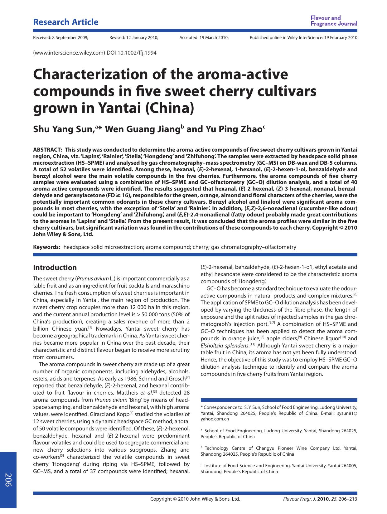 Characterization of the aroma-active compounds in five sweet cherry cultivars grown in Yantai (China) by Unknown
