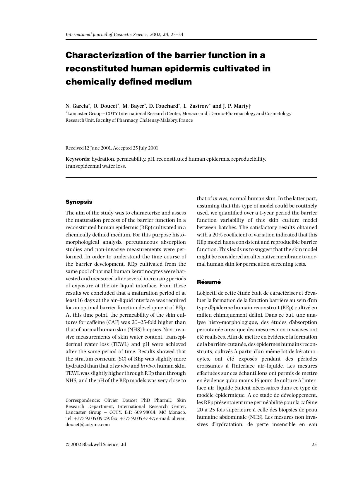 Characterization of the barrier function in a reconstituted human epidermis cultivated in chemically defined medium by Unknown