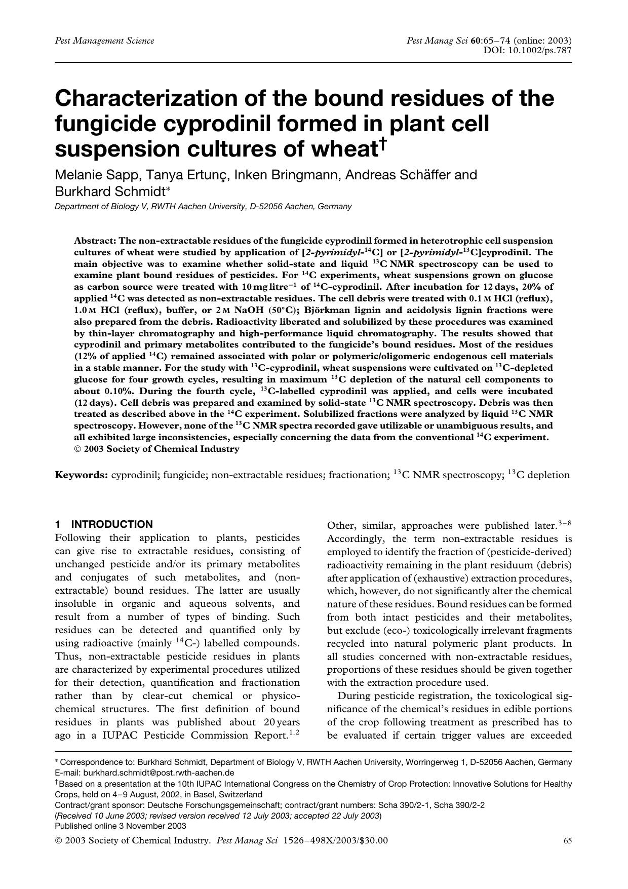 Characterization of the bound residues of the fungicide cyprodinil formed in plant cell suspension cultures of wheat by Unknown