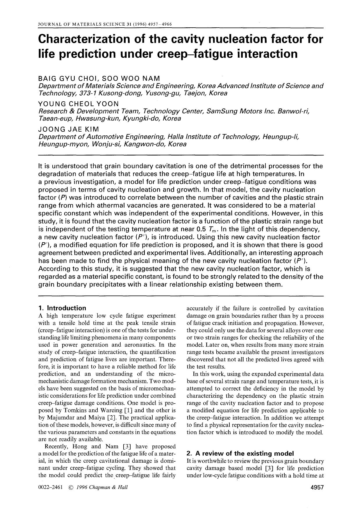 Characterization of the cavity nucleation factor for life prediction under creep-fatigue interaction by Unknown