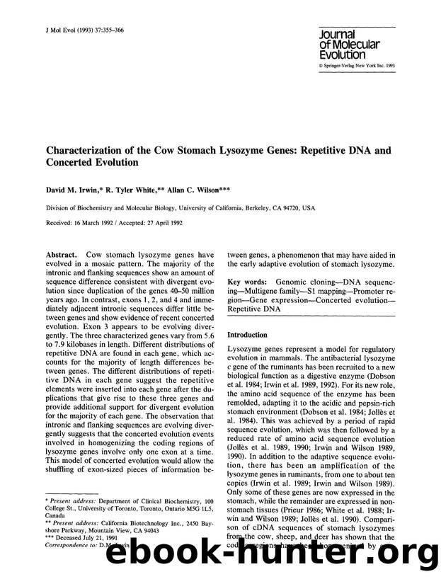 Characterization of the cow stomach lysozyme genes: Repetitive DNA and concerted evolution by Unknown