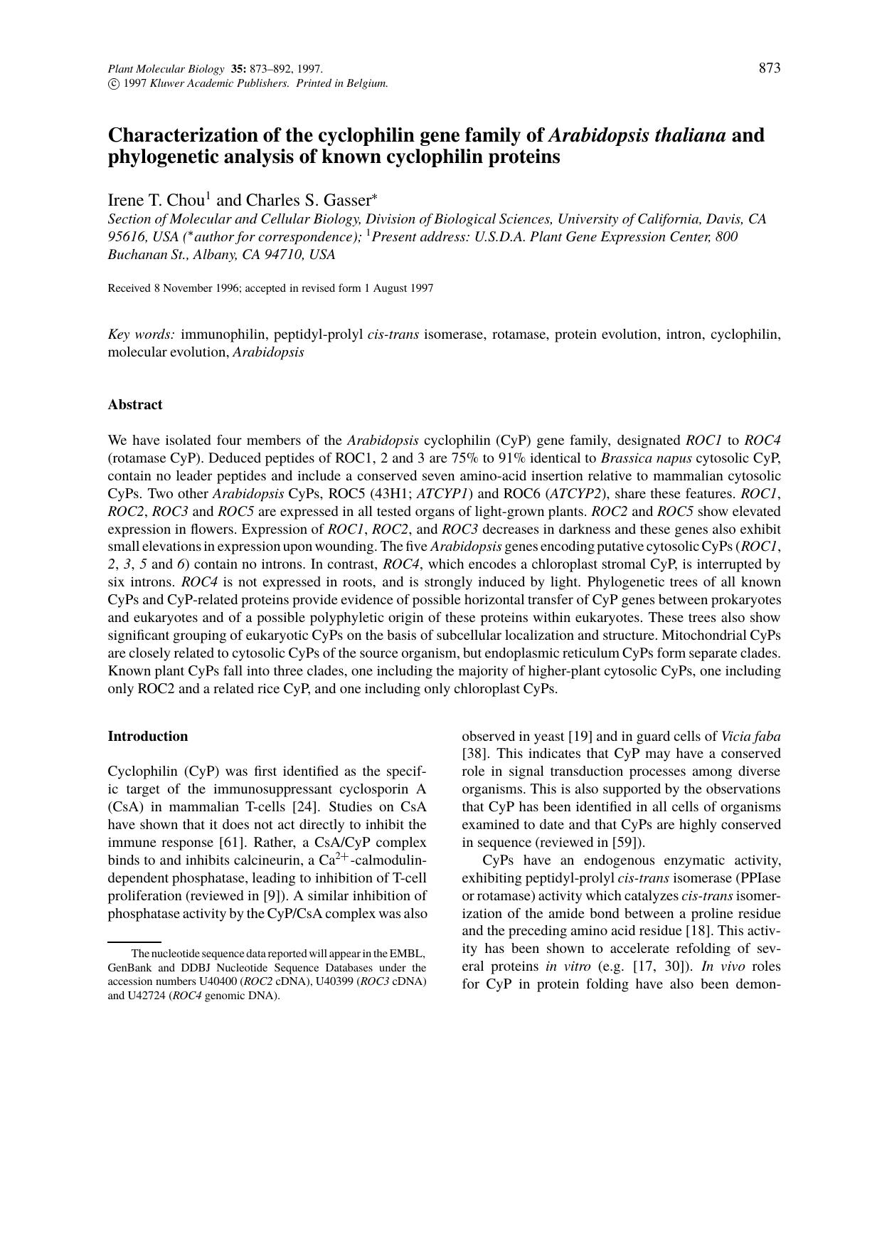 Characterization of the cyclophilin gene family of Arabidopsis thaliana and phylogenetic analysis of known cyclophilin proteins by Unknown