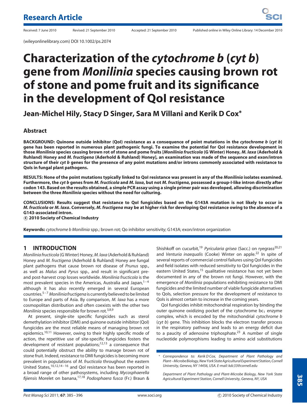 Characterization of the cytochrome b (cyt b) gene from Monilinia species causing brown rot of stone and pome fruit and its significance in the development of QoI resistance by Unknown