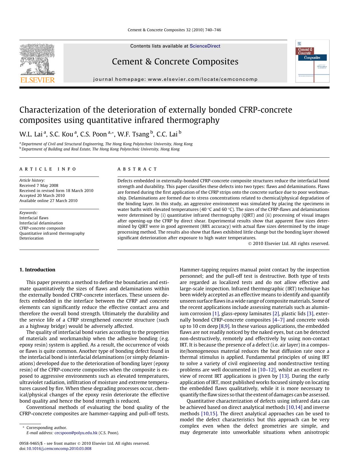 Characterization of the deterioration of externally bonded CFRP-concrete composites using quantitative infrared thermography by W.L. Lai & S.C. Kou & C.S. Poon & W.F. Tsang & C.C. Lai
