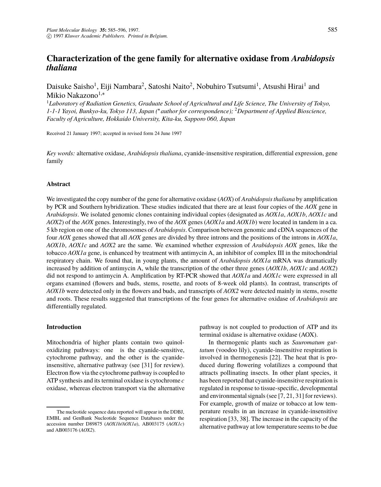 Characterization of the gene family for alternative oxidase from Arabidopsis thaliana by Unknown