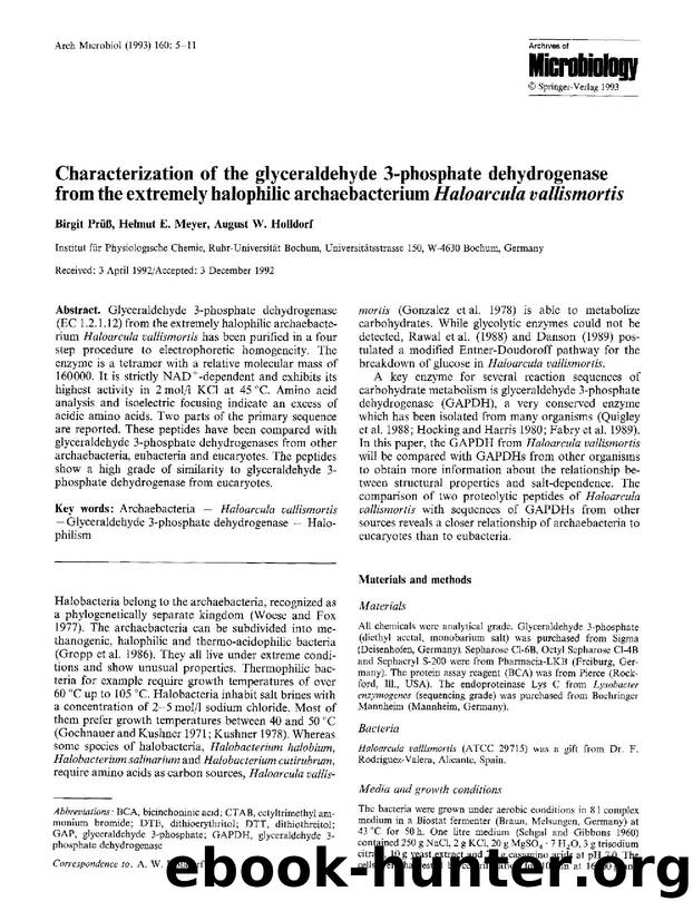 Characterization of the glyceraldehyde 3-phosphate dehydrogenase from the extremely halophilic archaebacterium <Emphasis Type="Italic">Haloarcula vallismortis<Emphasis> by Unknown