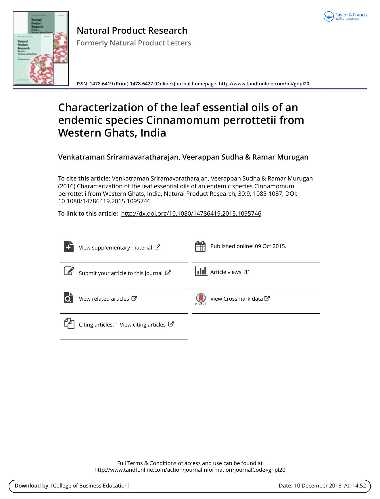 Characterization of the leaf essential oils of an endemic species Cinnamomum perrottetii from Western Ghats, India by Venkatraman Sriramavaratharajan & Veerappan Sudha & Ramar Murugan