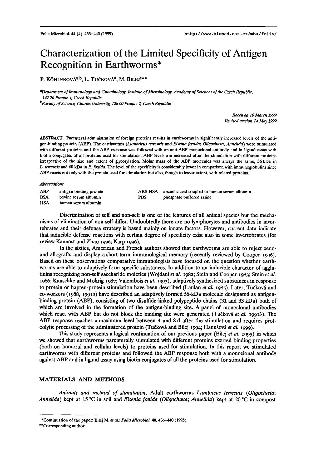 Characterization of the limited specificity of antigen recognition in earthworms by Unknown
