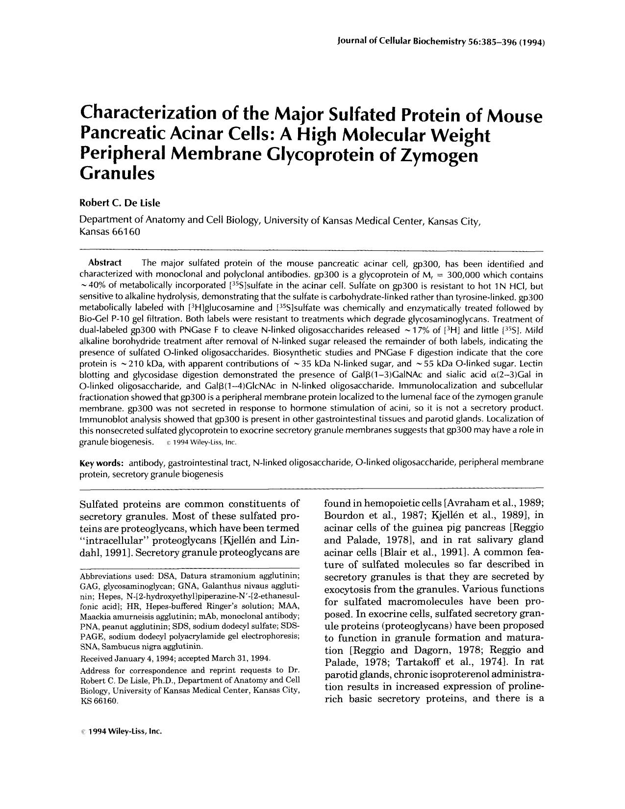 Characterization of the major sulfated protein of mouse pancreatic acinar cells: A high molecular weight peripheral membrane glycoprotein of zymogen granules by Unknown
