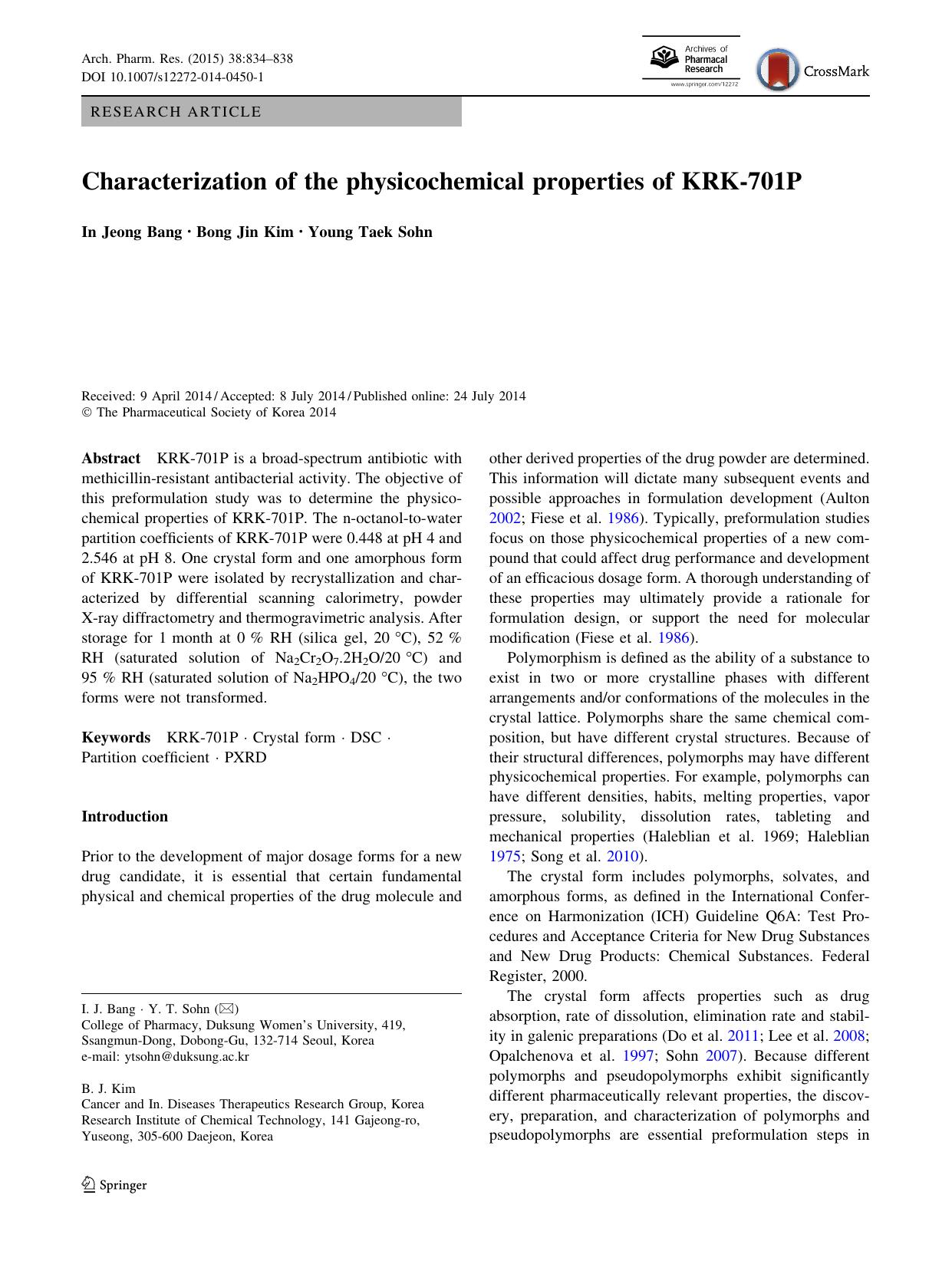 Characterization of the physicochemical properties of KRK-701P by In Jeong Bang & Bong Jin Kim & Young Taek Sohn