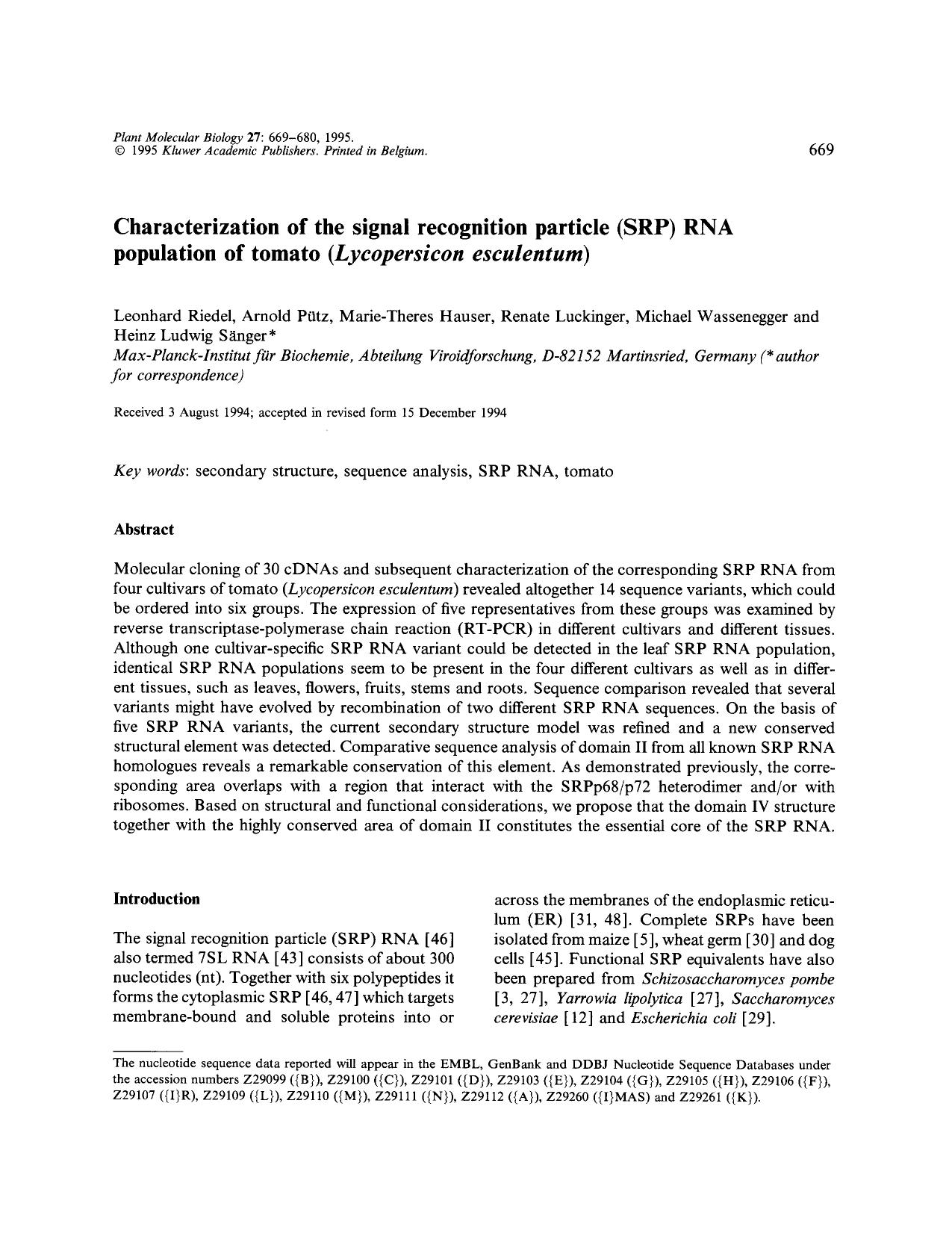 Characterization of the signal recognition particle (SRP) RNA population of tomato ( <Emphasis Type="Italic">Lycopersicon esculentum <Emphasis>) by Unknown