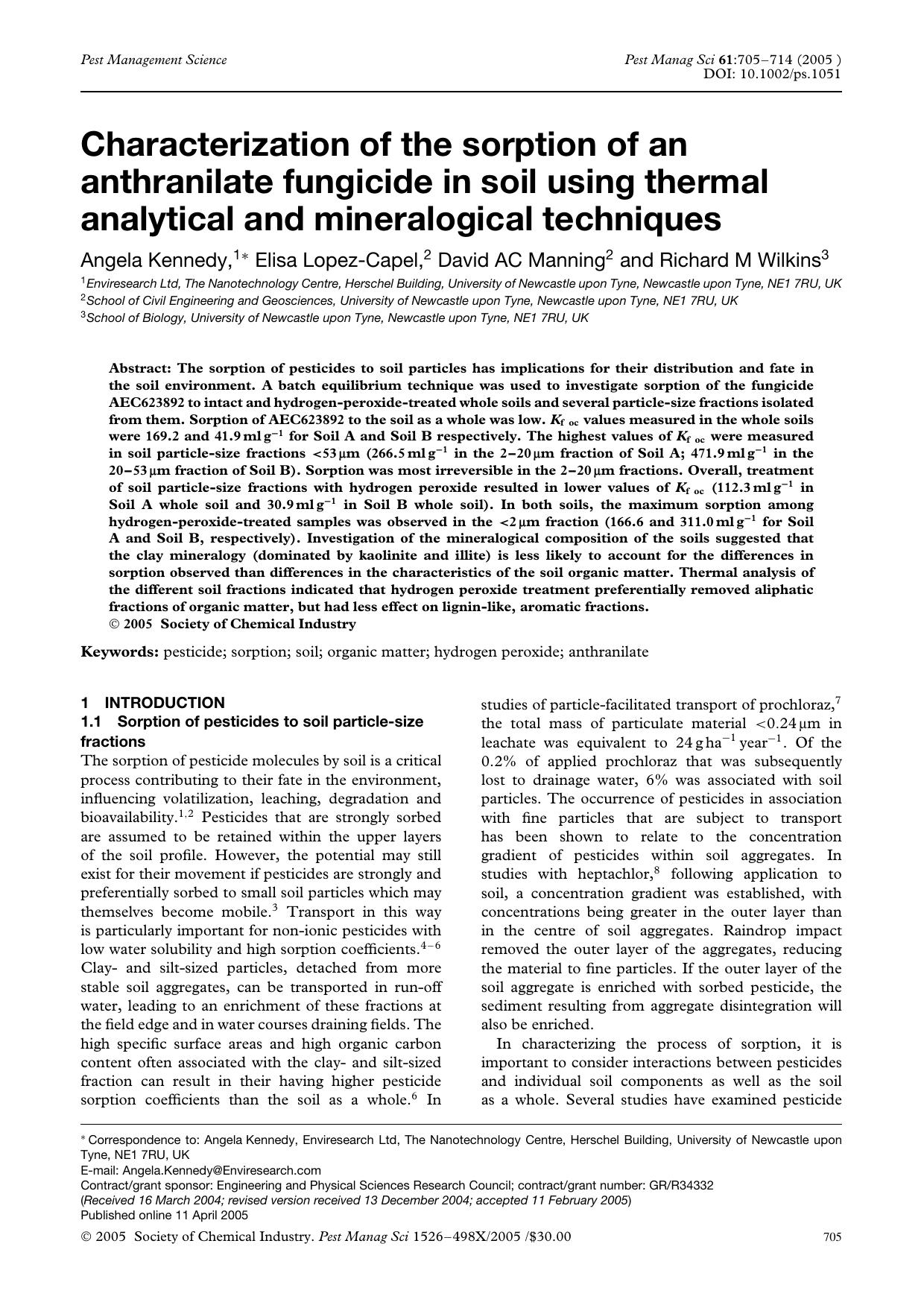 Characterization of the sorption of an anthranilate fungicide in soil using thermal analytical and mineralogical techniques by Unknown