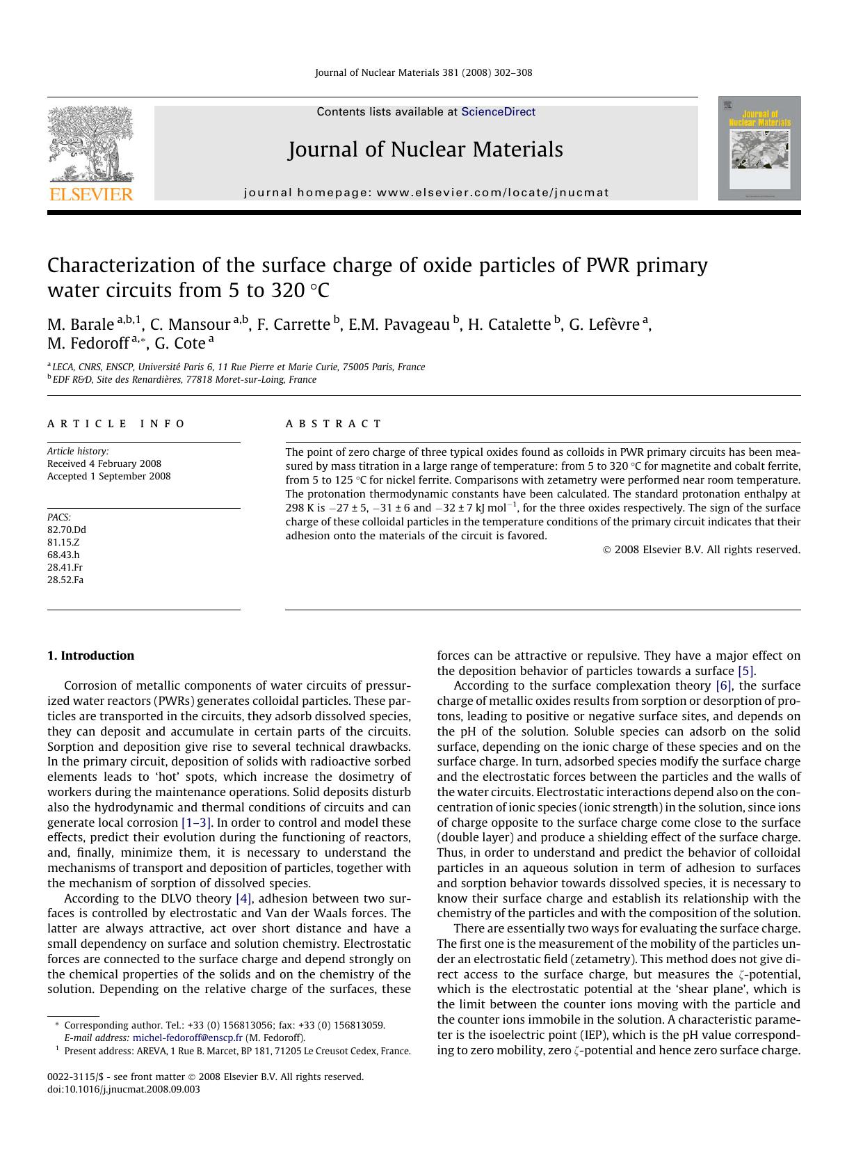 Characterization of the surface charge of oxide particles of PWR primary water circuits from 5 to 320Â°C by M. Barale; C. Mansour; F. Carrette; E.M. Pavageau; H. Catalette; G. Lefèvre; M. Fedoroff; G. Cote