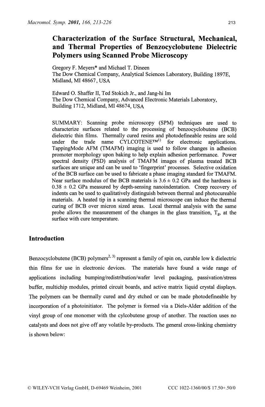 Characterization of the surface structural, mechanical, and thermal properties of benzocyclobutene dielectric polymers using scanned probe microscopy by SOD