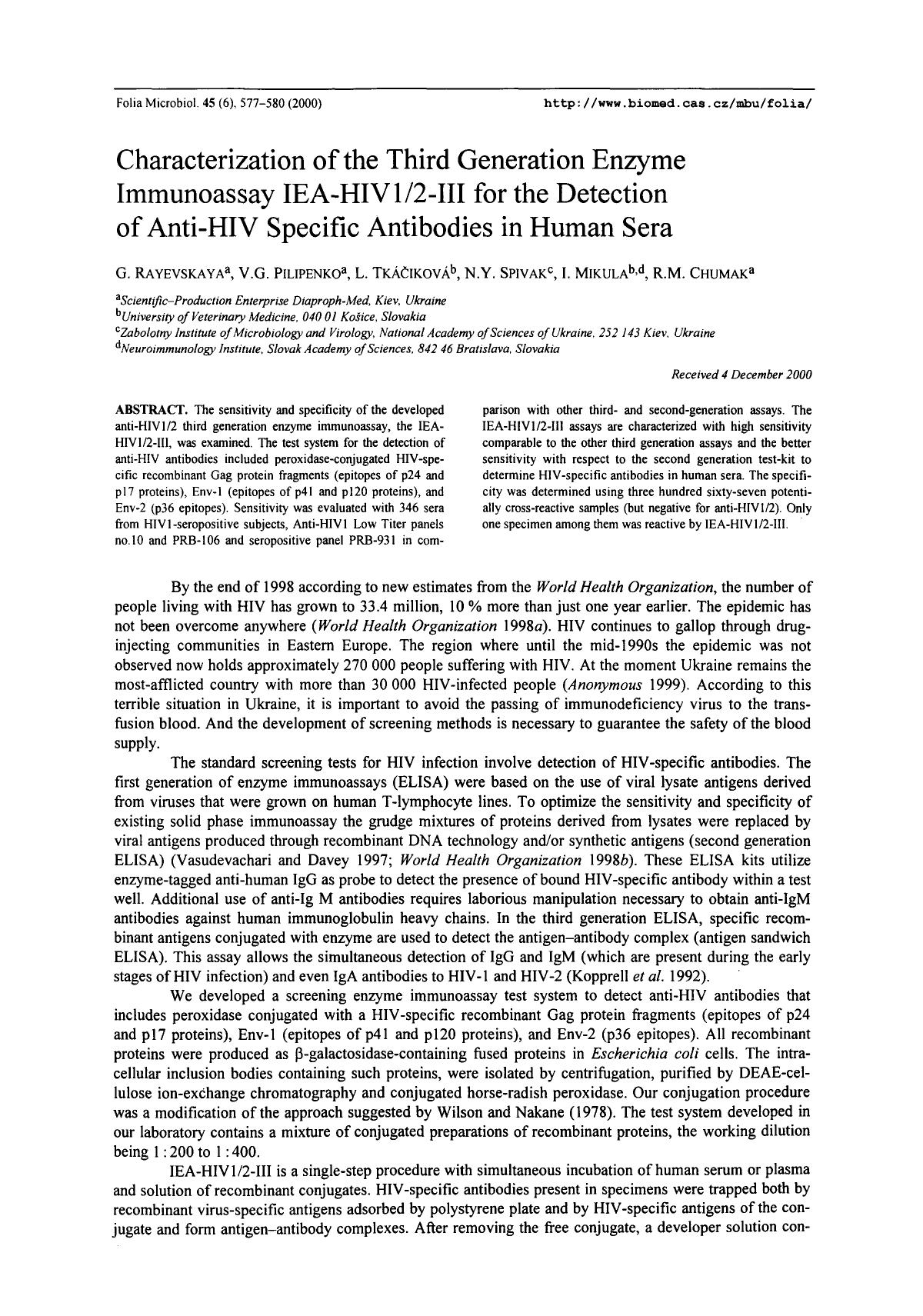 Characterization of the third generation enzyme immunoassay IEA-HIV12-III for the detection of anti-HIV specific antibodies in human sera by Unknown