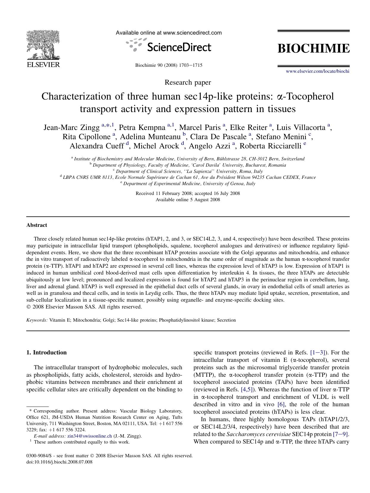 Characterization of three human sec14p-like proteins: Î±-Tocopherol transport activity and expression pattern in tissues by unknow