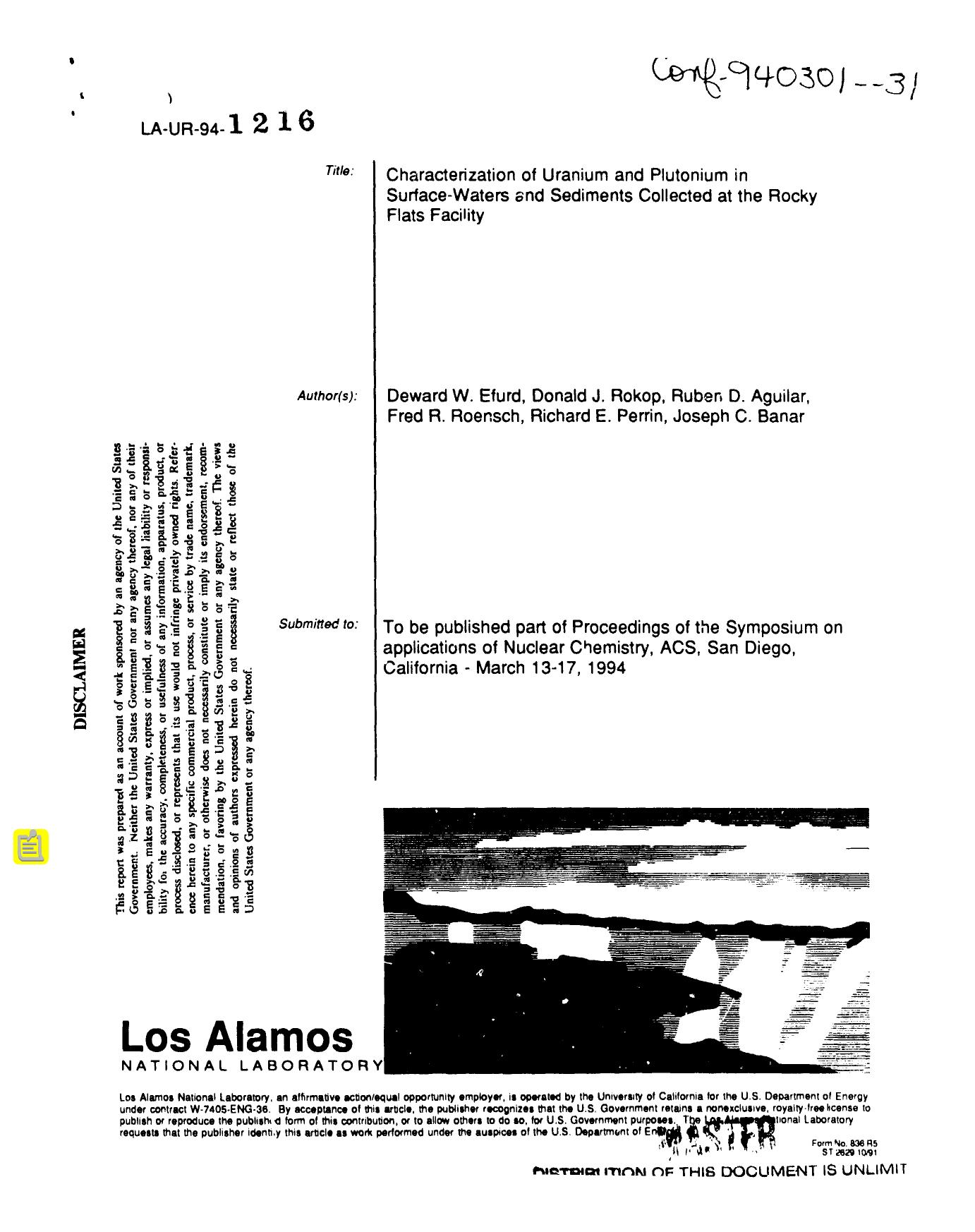 Characterization of uranium and plutonium in surface-waters and sediments collected at the Rocky Flats Facility None by LANL Research Library LWW Project