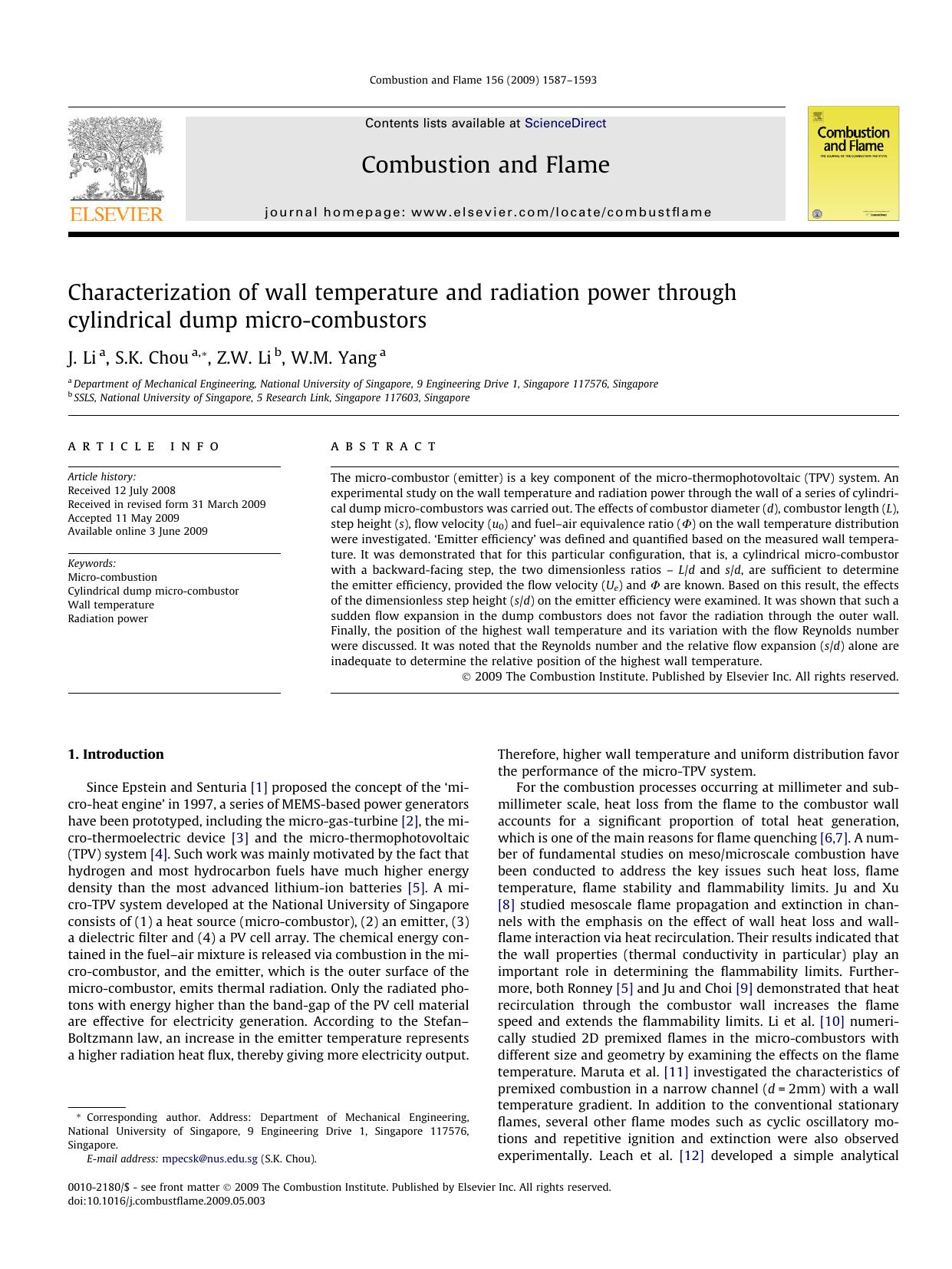 Characterization of wall temperature and radiation power through cylindrical dump micro-combustors by J. Li; S.K. Chou; Z.W. Li; W.M. Yang