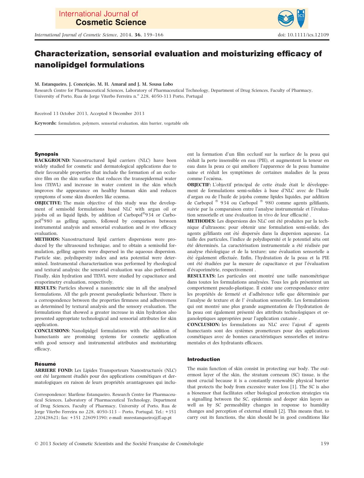 Characterization, sensorial evaluation and moisturizing efficacy of nanolipidgel formulations by Unknown