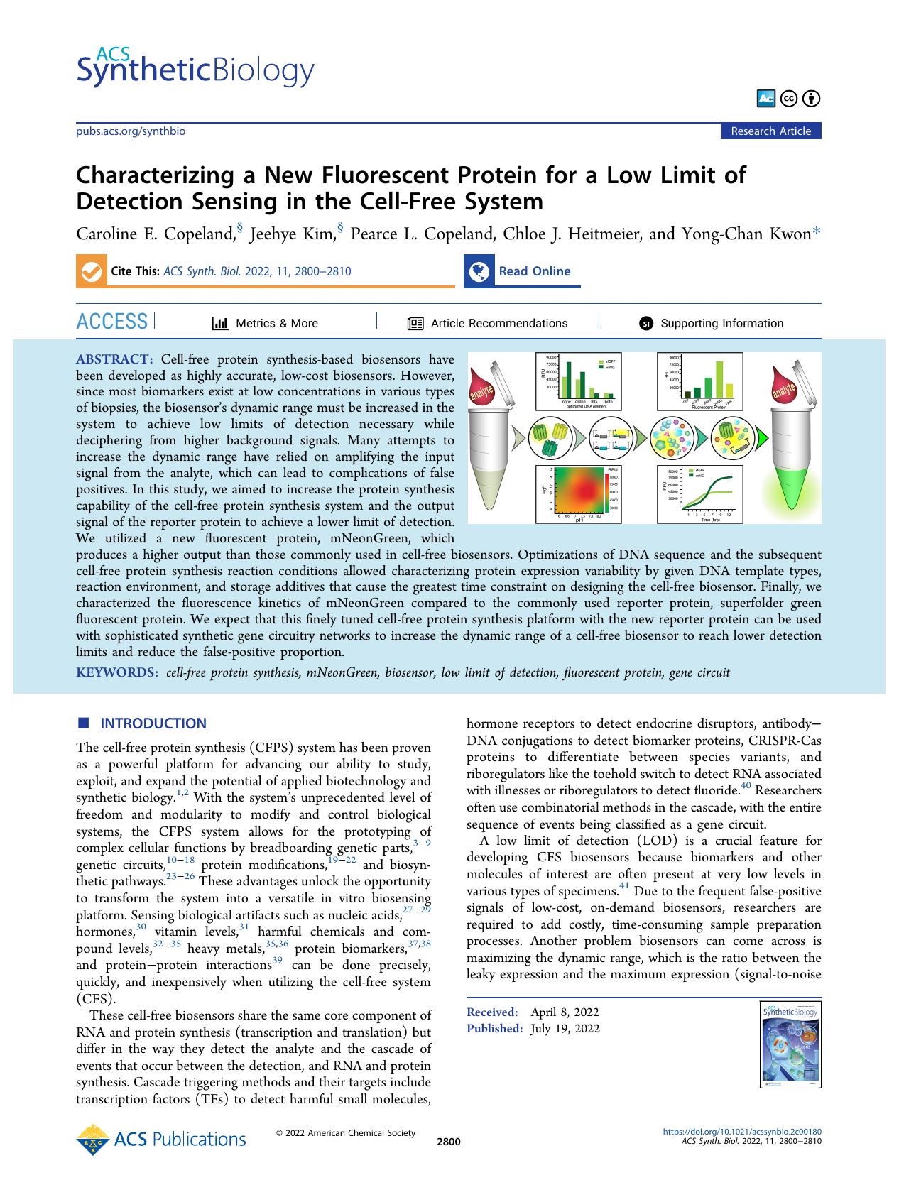 Characterizing a New Fluorescent Protein for a Low Limit of Detection Sensing in the Cell-Free System by Caroline E. Copeland Jeehye Kim Pearce L. Copeland Chloe J. Heitmeier and Yong-Chan Kwon