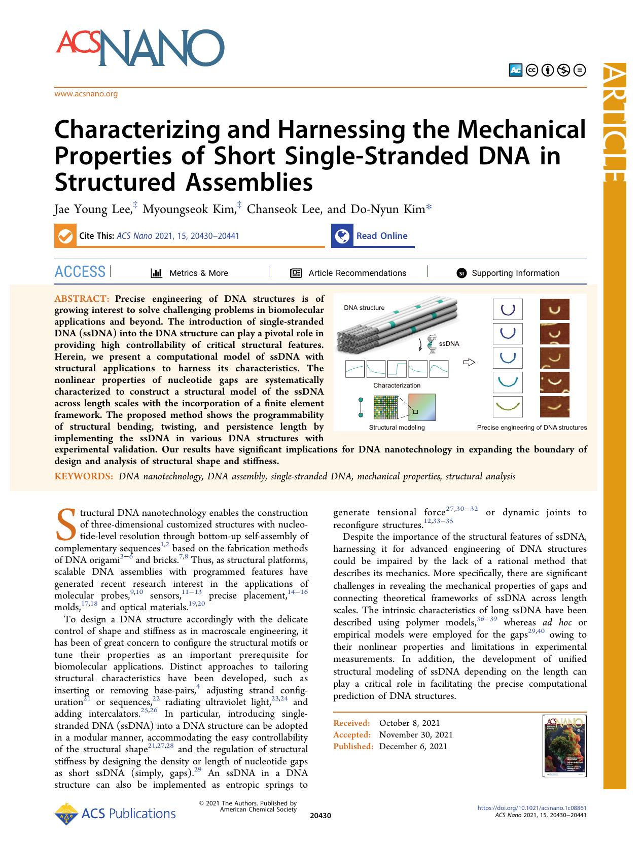 Characterizing and Harnessing the Mechanical Properties of Short Single-Stranded DNA in Structured Assemblies by Jae Young Lee Myoungseok Kim Chanseok Lee and Do-Nyun Kim