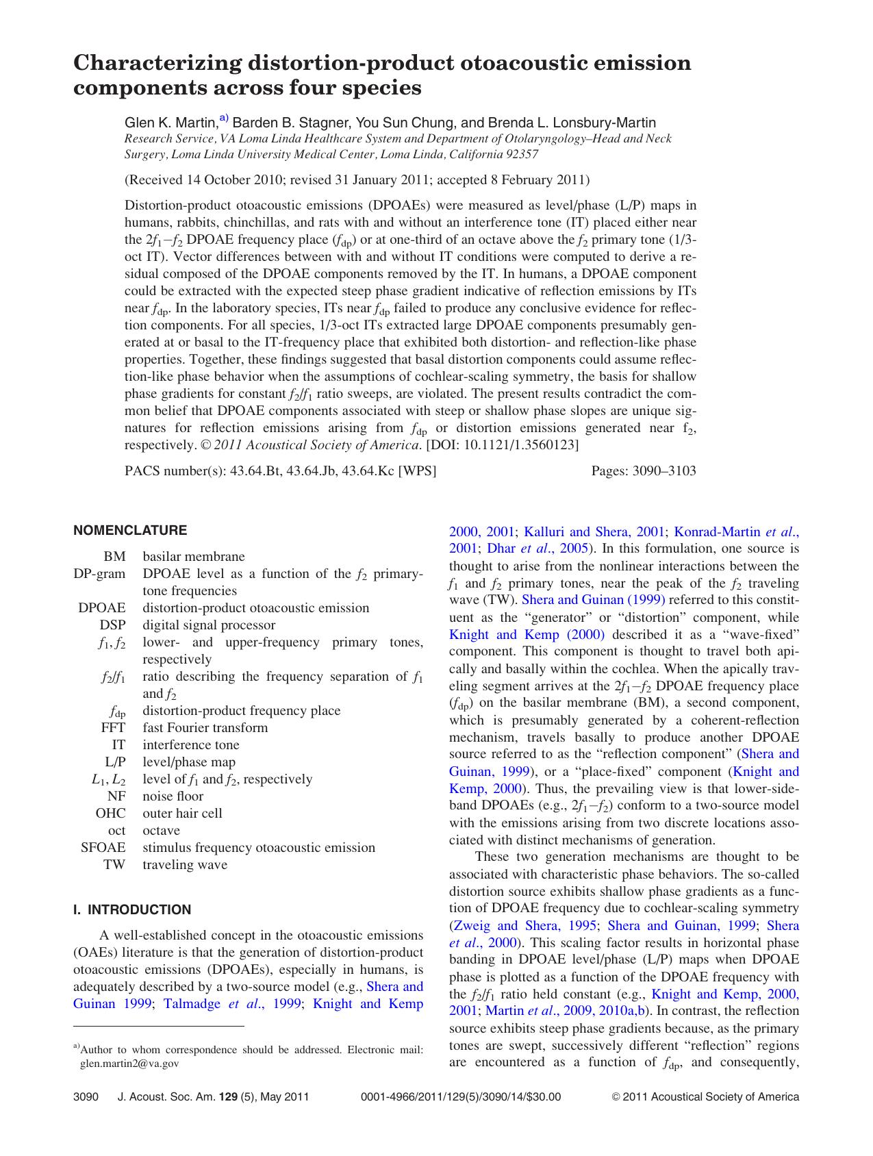 Characterizing distortion-product otoacoustic emission components across four species by Glen K. Martin Barden B. Stagner You Sun Chung and Brenda L. Lonsbury-Martin
