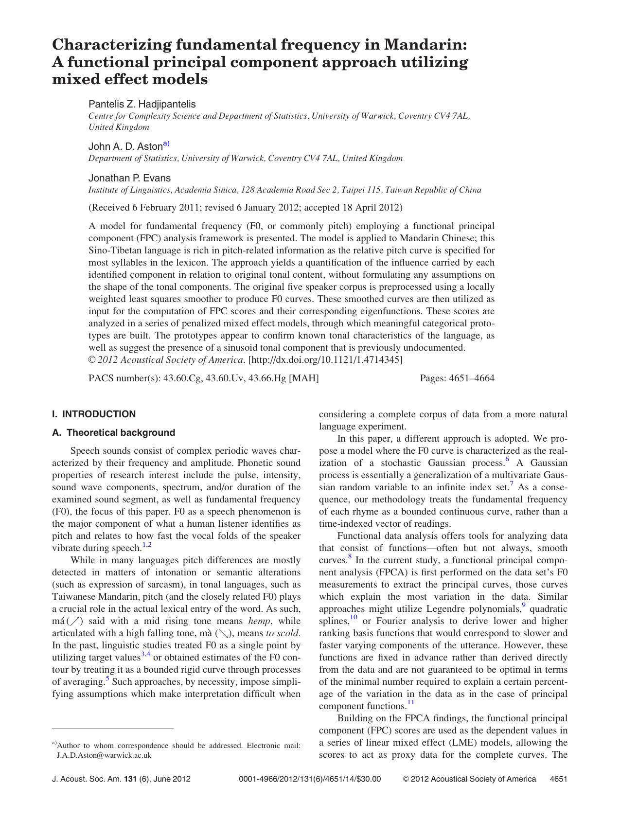 Characterizing fundamental frequency in Mandarin: A functional principal component approach utilizing mixed effect models by Pantelis Z. Hadjipantelis John A. D. Astona) and Jonathan P. Evans