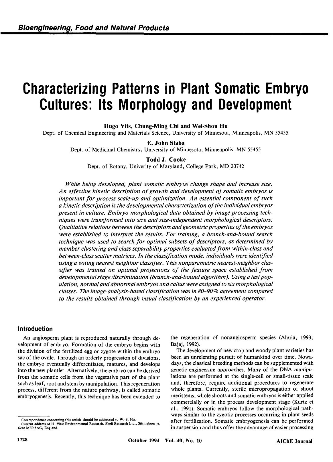 Characterizing patterns in plant somatic embryo cultures: Its morphology and development by Unknown