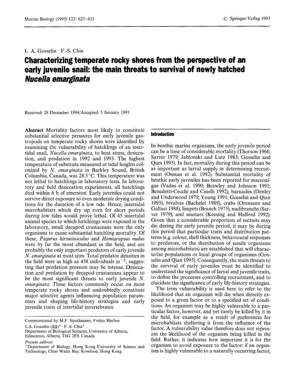 Characterizing temperate rocky shores from the perspective of an early juvenile snail: the main threats to survival of newly hatched <Emphasis Type="Italic">Nucella emarginata<Emphasis> by Unknown