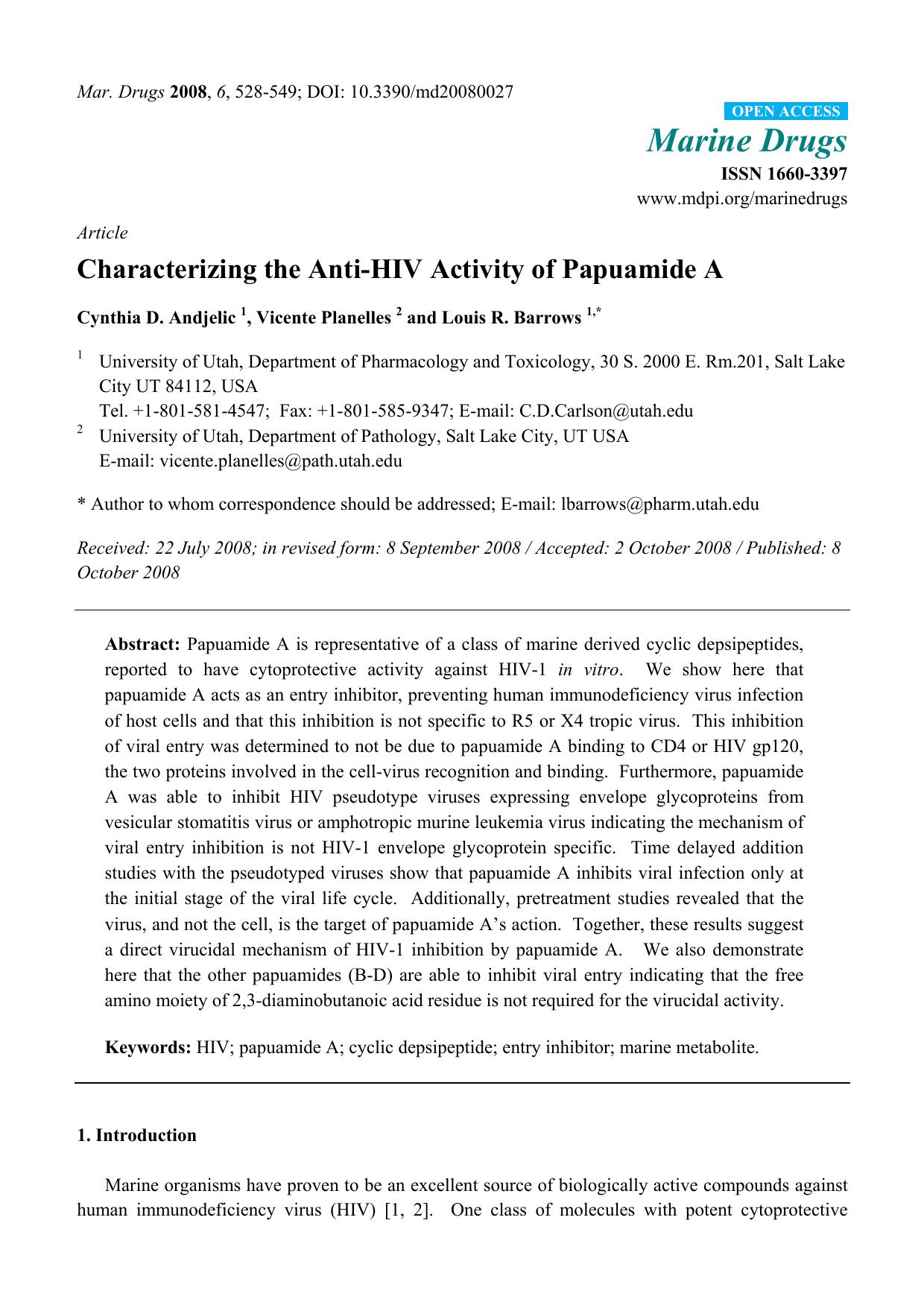 Characterizing the Anti-HIV Activity of Papuamide A by Cynthia D. Andjelic & Vicente Planelles & Louis R. Barrows