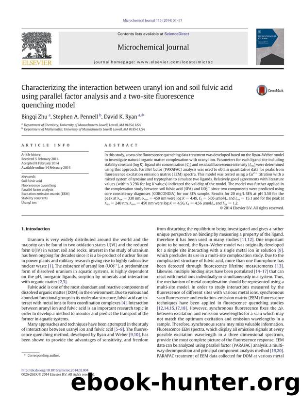 Characterizing the interaction between uranyl ion and soil fulvic acid using parallel factor analysis and a two-site fluorescence quenching model by Bingqi Zhu & Stephen A. Pennell & David K. Ryan