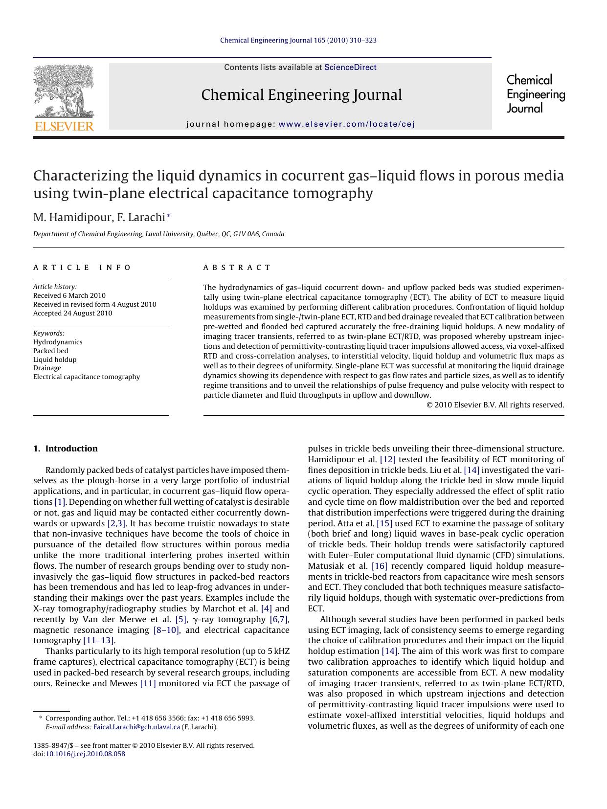 Characterizing the liquid dynamics in cocurrent gasÃ¢â¬âliquid flows in porous media using twin-plane electrical capacitance tomography by M. Hamidipour