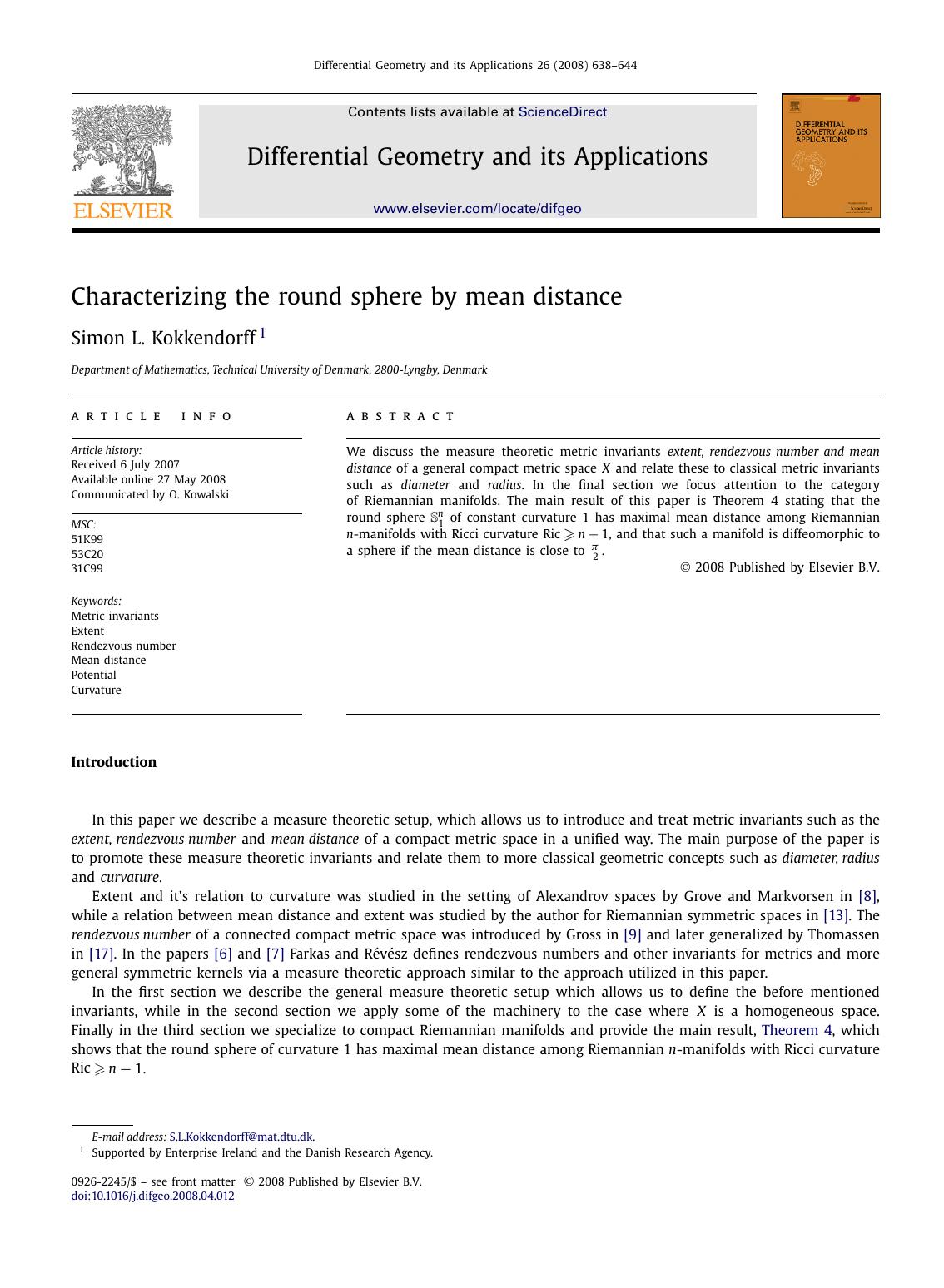 Characterizing the round sphere by mean distance by Simon L. Kokkendorff