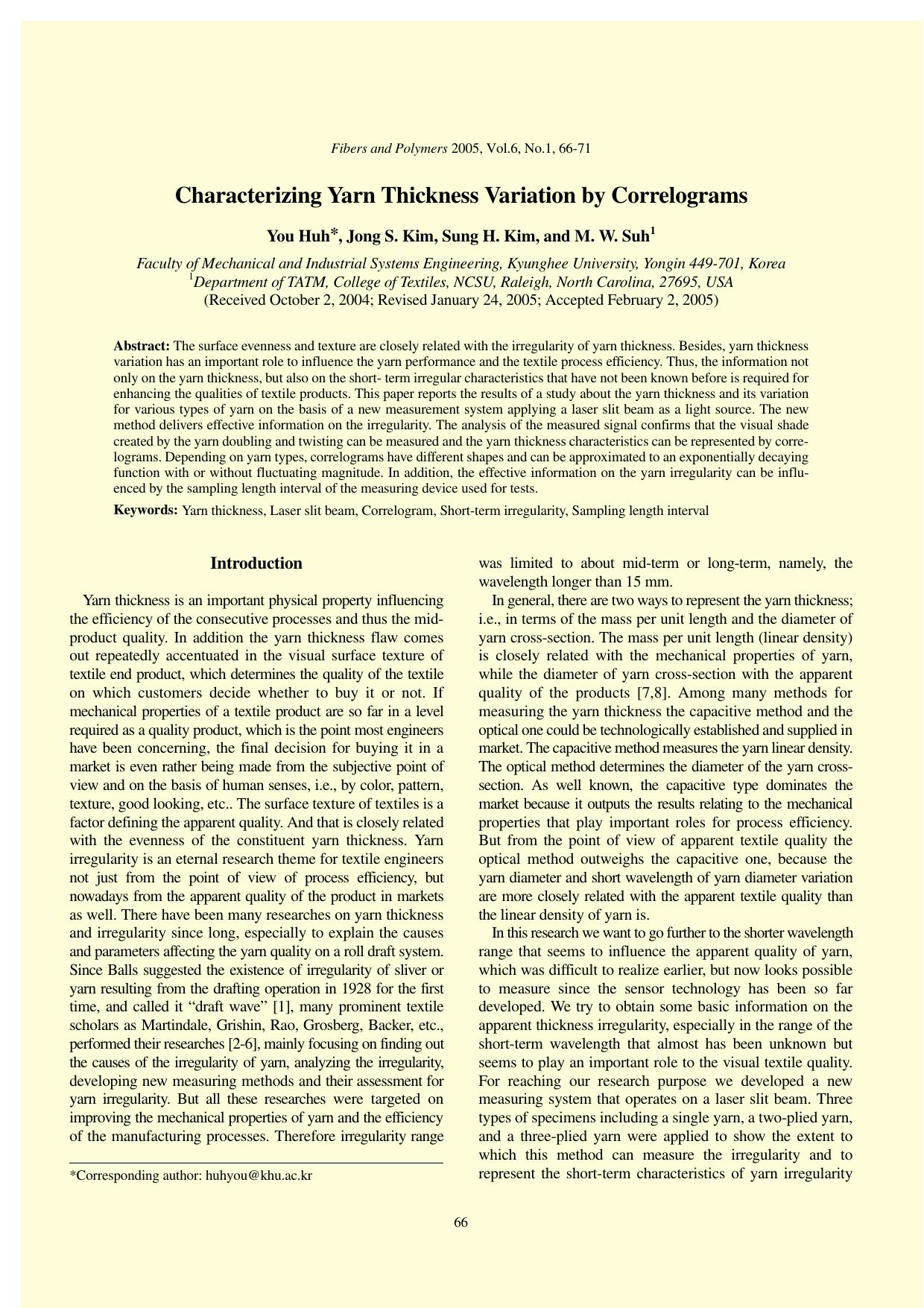 Characterizing yarn thickness variation by correlograms by Unknown