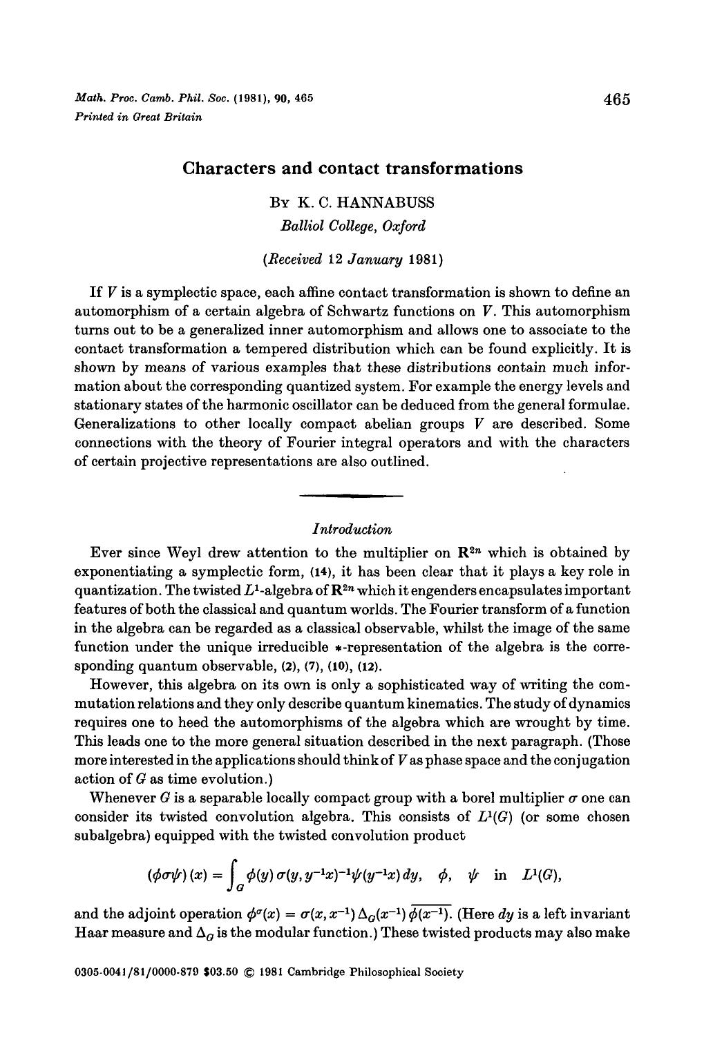 Characters and contact transformations by K. C. Hannabuss