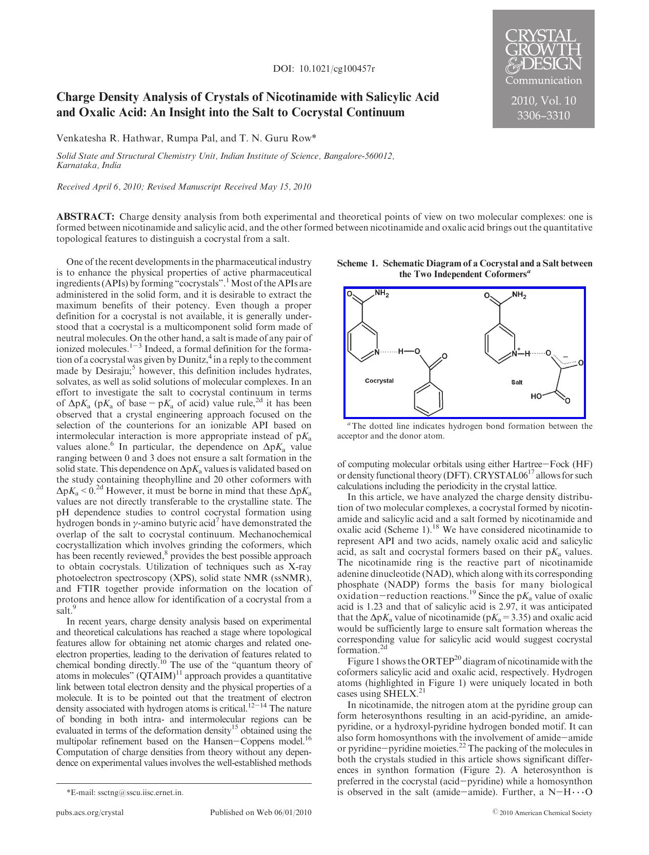Charge Density Analysis of Crystals of Nicotinamide with Salicylic Acid and Oxalic Acid: An Insight into the Salt to Cocrystal Continuum by Unknown
