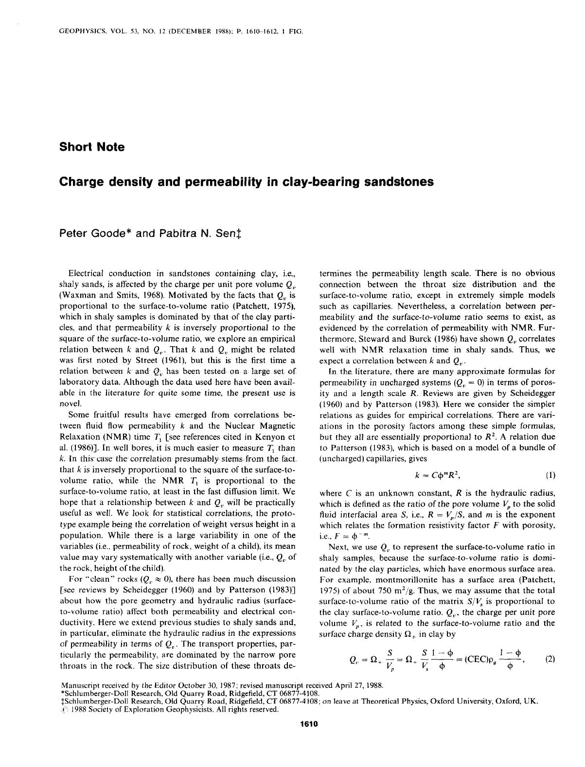 Charge density and permeability in clay-bearing sandstones: SHORT NOTE by Goode P. A.; Sen P. N