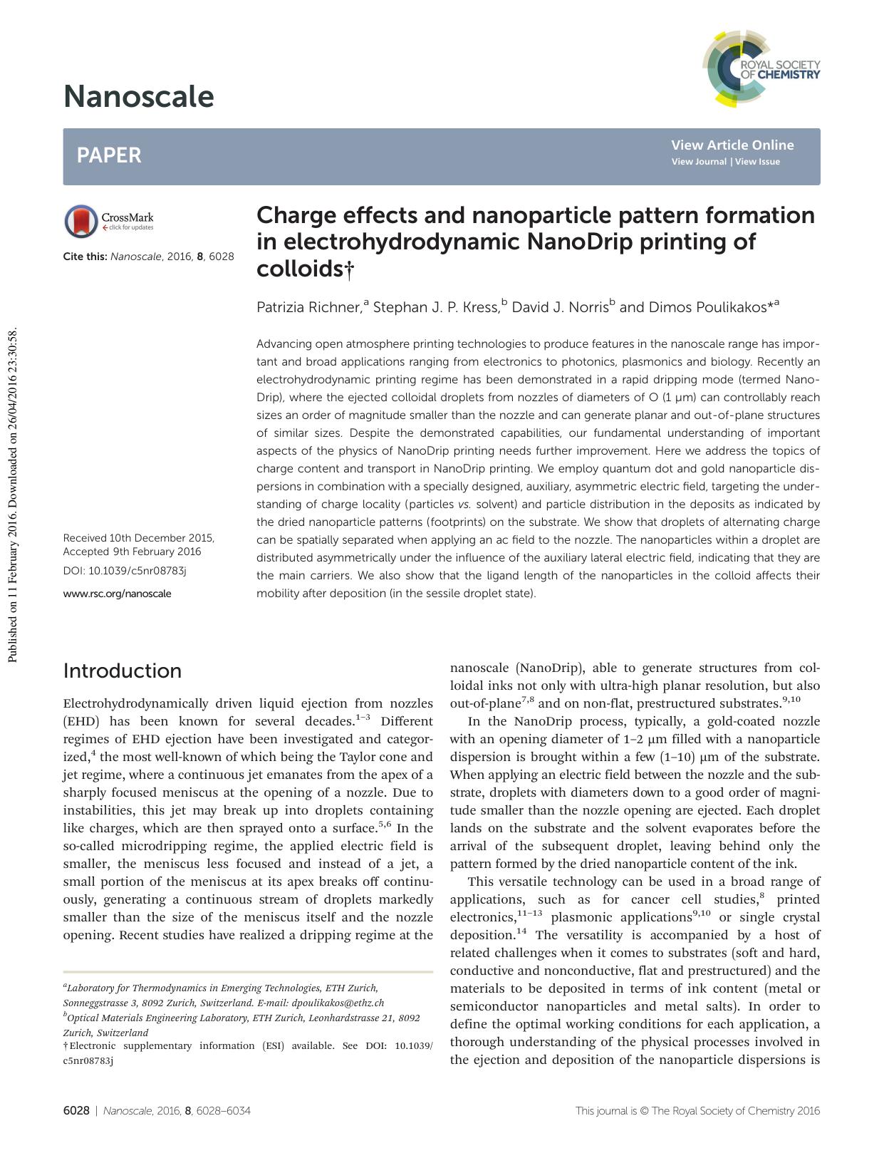 Charge effects and nanoparticle pattern formation in electrohydrodynamic NanoDrip printing of colloids by Patrizia Richner Stephan J. P. Kress David J. Norris Dimos Poulikakos