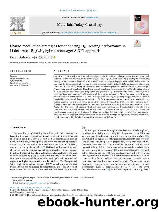 Charge modulation strategies for enhancing H2S sensing performance in Li-decorated B12C6N6 hybrid nanocage: A DFT approach by Unnati Jethawa & Ajay Chaudhari