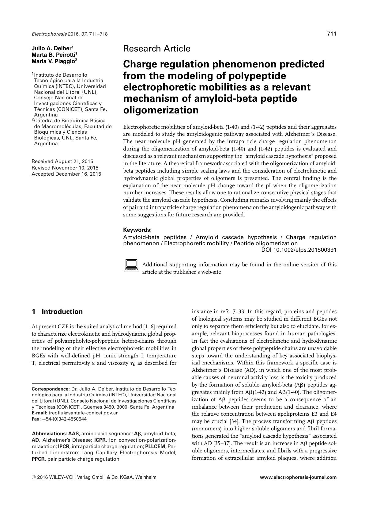 Charge regulation phenomenon predicted from the modeling of polypeptide electrophoretic mobilities as a relevant mechanism of amyloid‐beta peptide oligomerization by Unknown