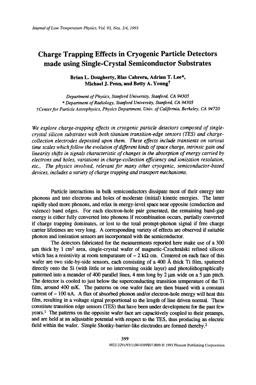 Charge trapping effects in cryogenic particle detectors made using single-crystal semiconductor substrates by Unknown